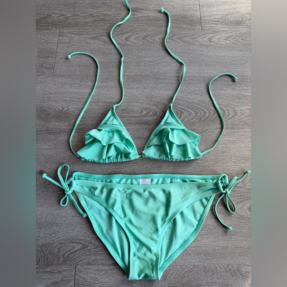Target Swim Xhilaration Mint Green Ruffle Triangle String 2-Piece Bikini Mermaid - Picture 2 of 5